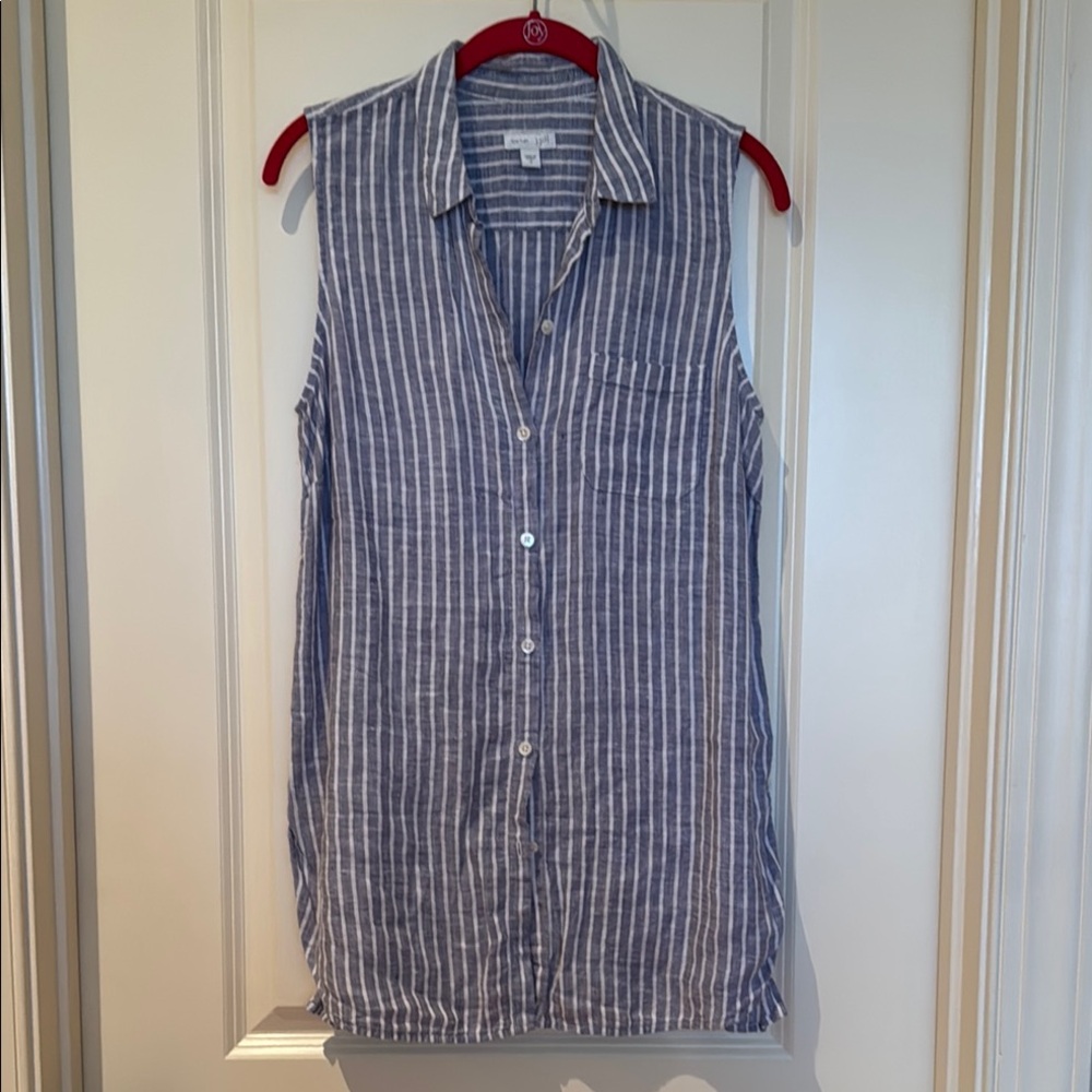 J. Jill White and Blue Button Down Linen Shirt with Notched Collar